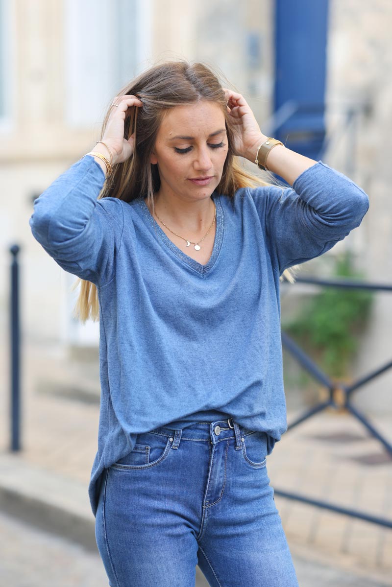 Pull jersey bleu jean tout doux col v brillant H314 (1)