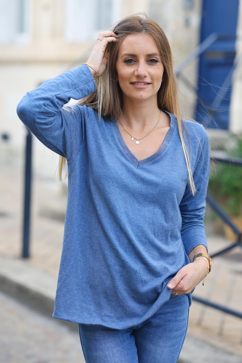 Pull jersey bleu jean tout doux col v brillant H314 (1)