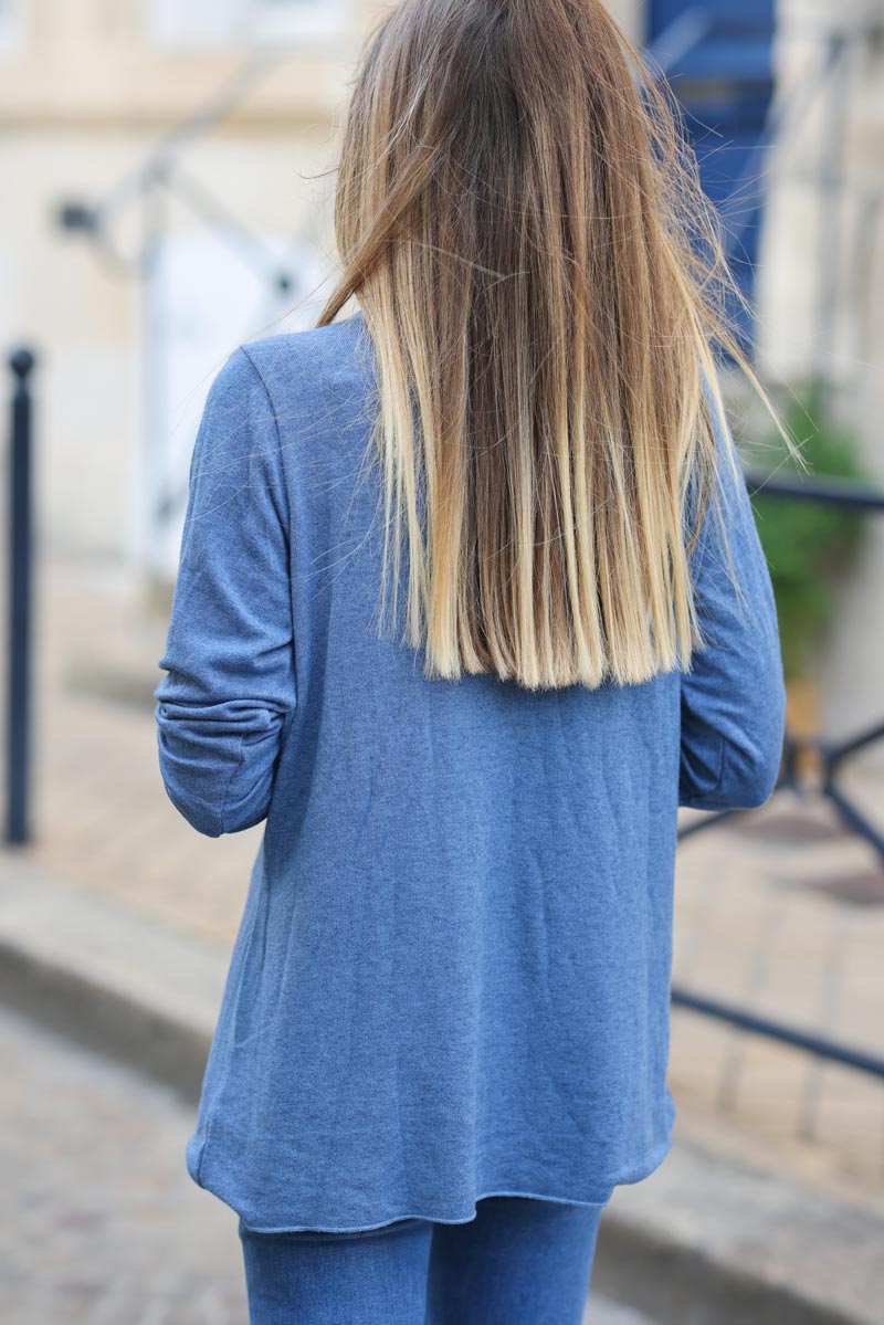 Pull jersey bleu jean tout doux col v brillant H314 (1)