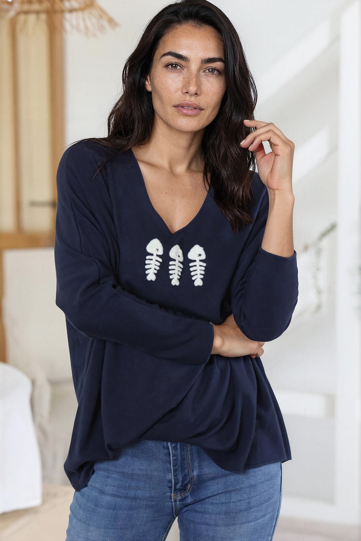 Pull jersey bleu marine doux trio poissons