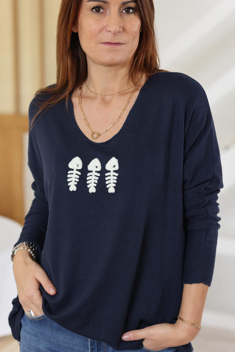Pull jersey bleu marine doux trio poissons g303 (1)