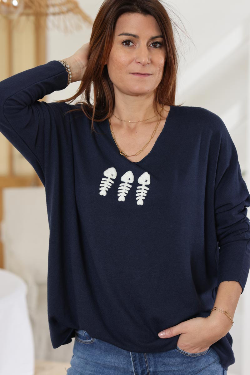 Pull jersey bleu marine doux trio poissons g303 (1)