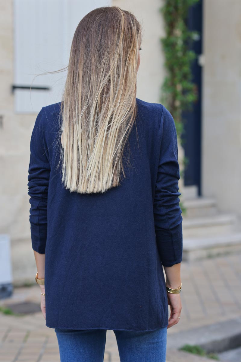 Pull jersey bleu marine tout doux col v brillant H314 (1)