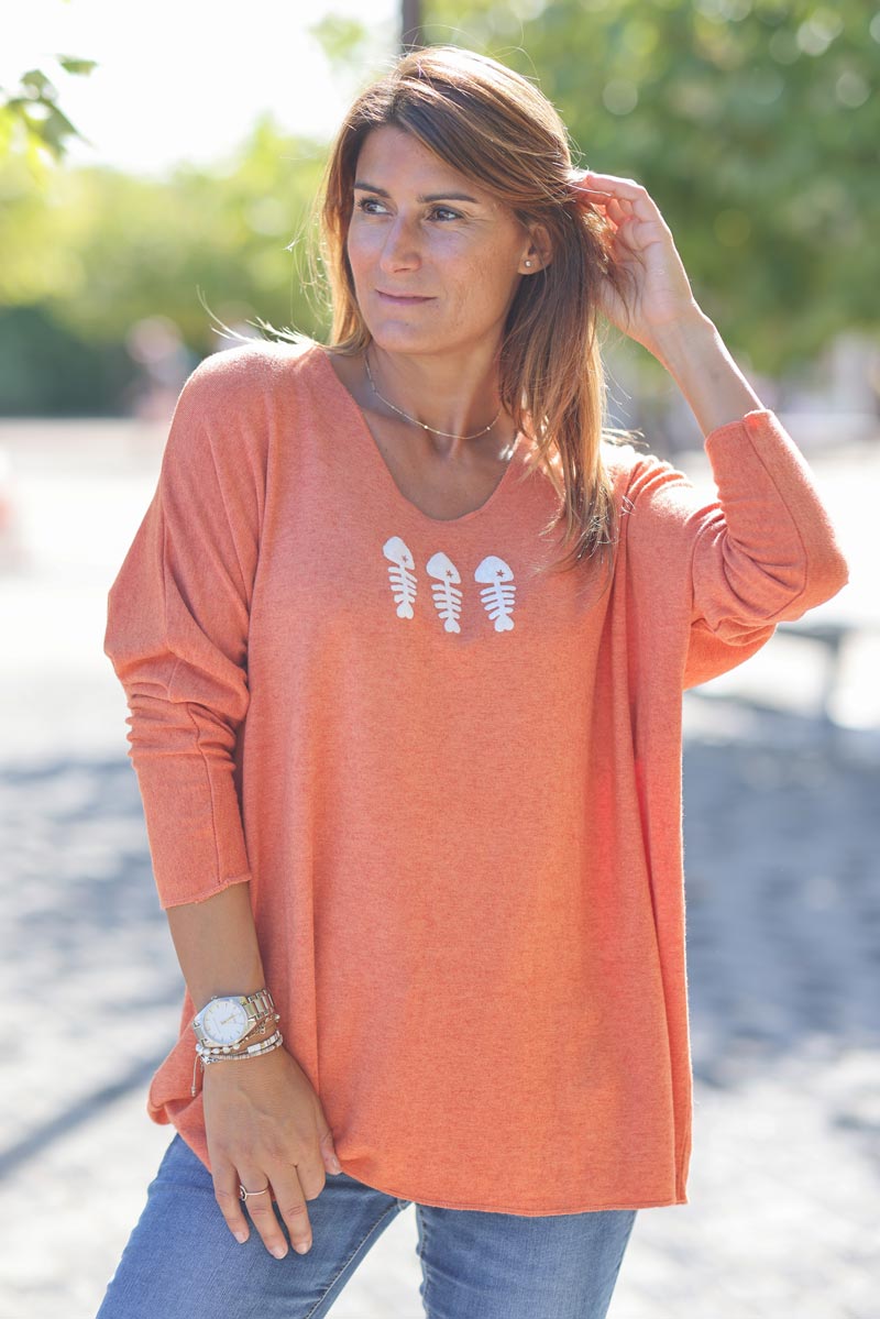 Pull jersey brique doux trio poissons G303 (1)