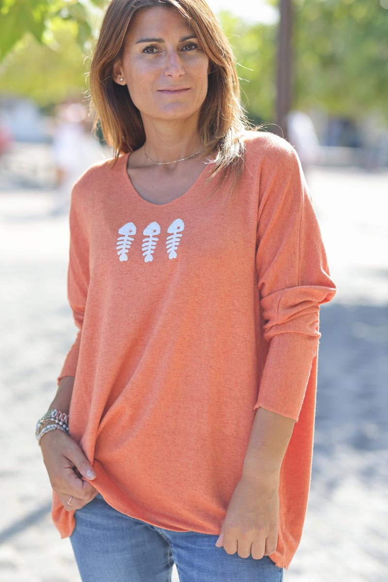 Pull jersey brique doux trio poissons G303 (1)