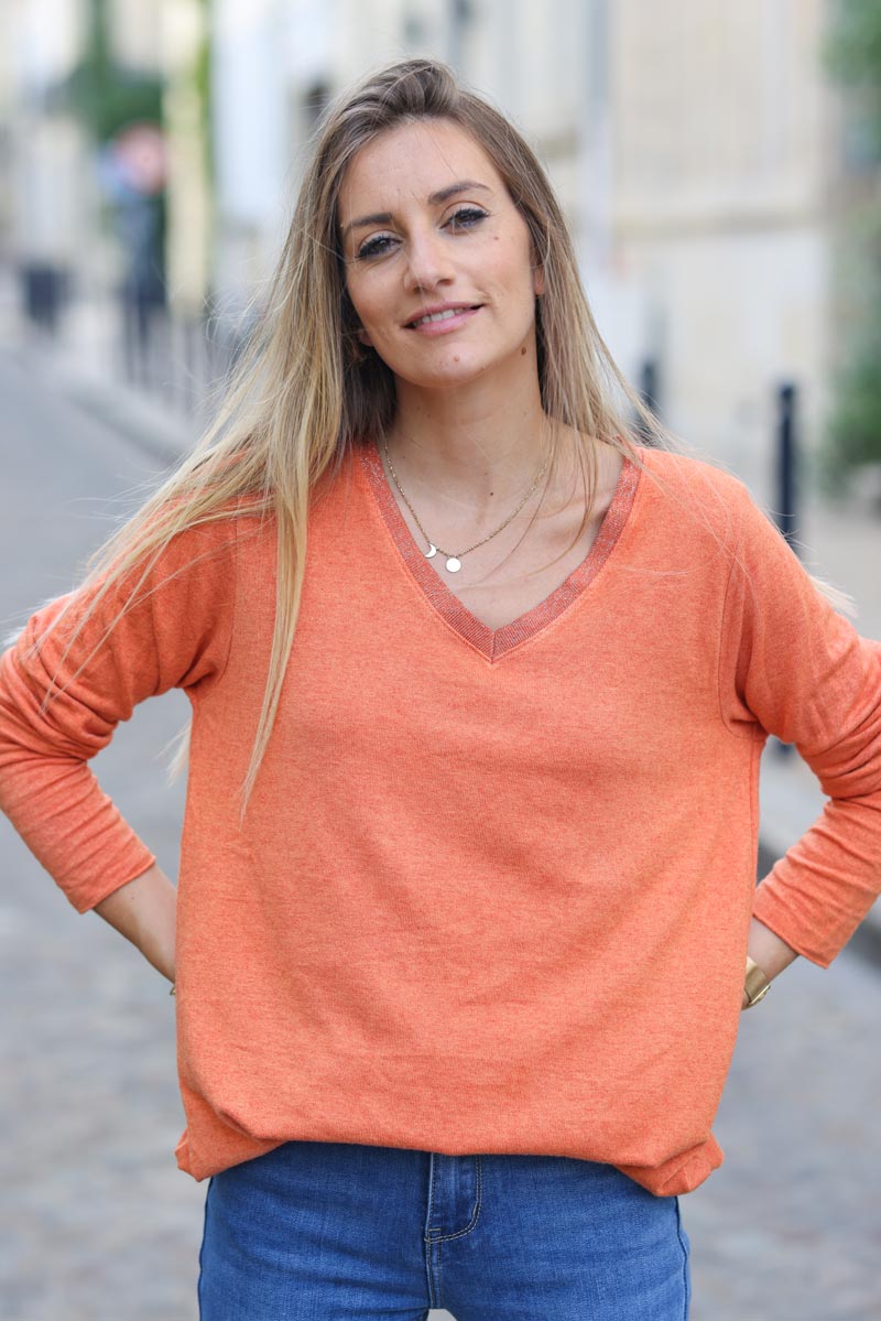 Pull jersey brique tout doux col v brillant H314 (1)