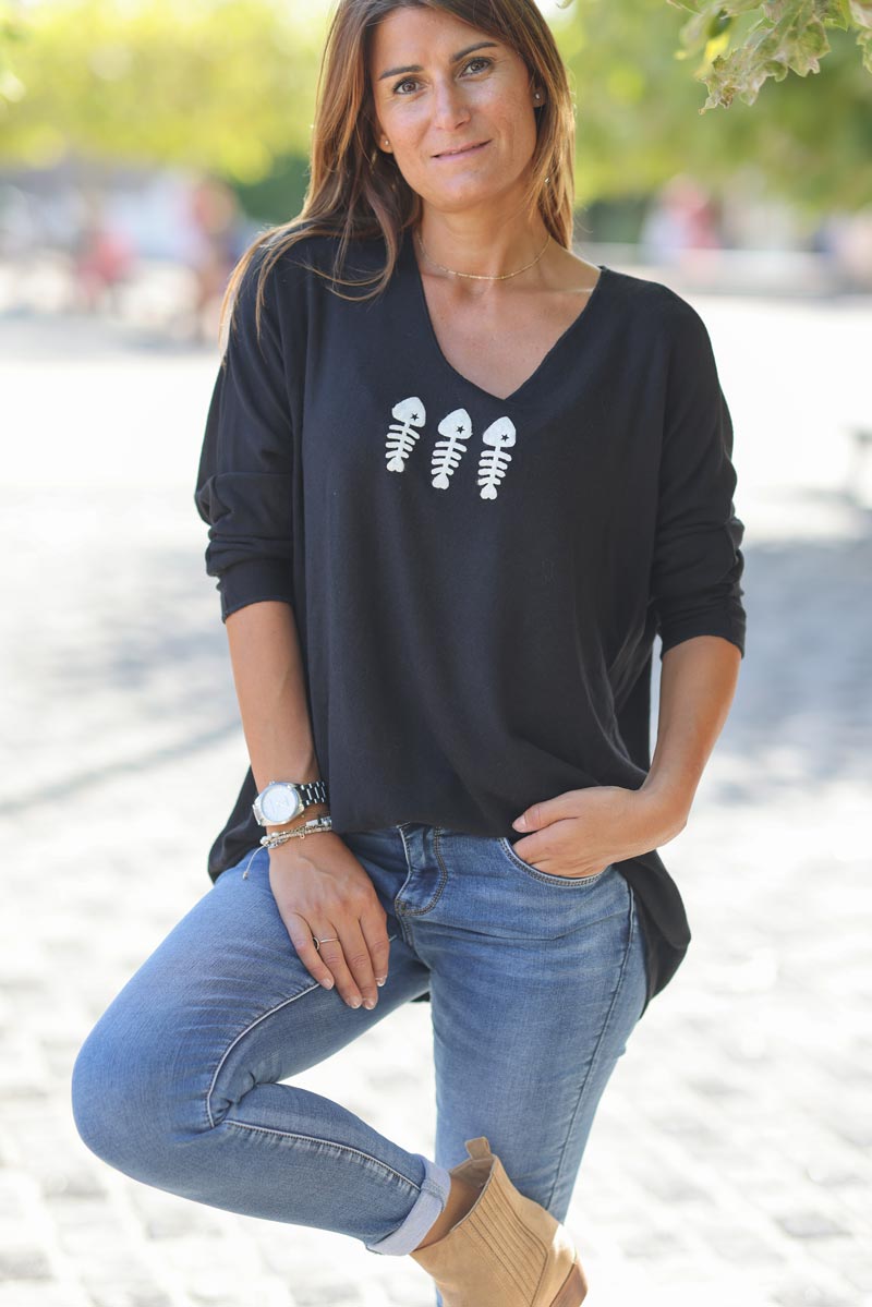 Pull jersey noir doux trio poissons G303 (1)