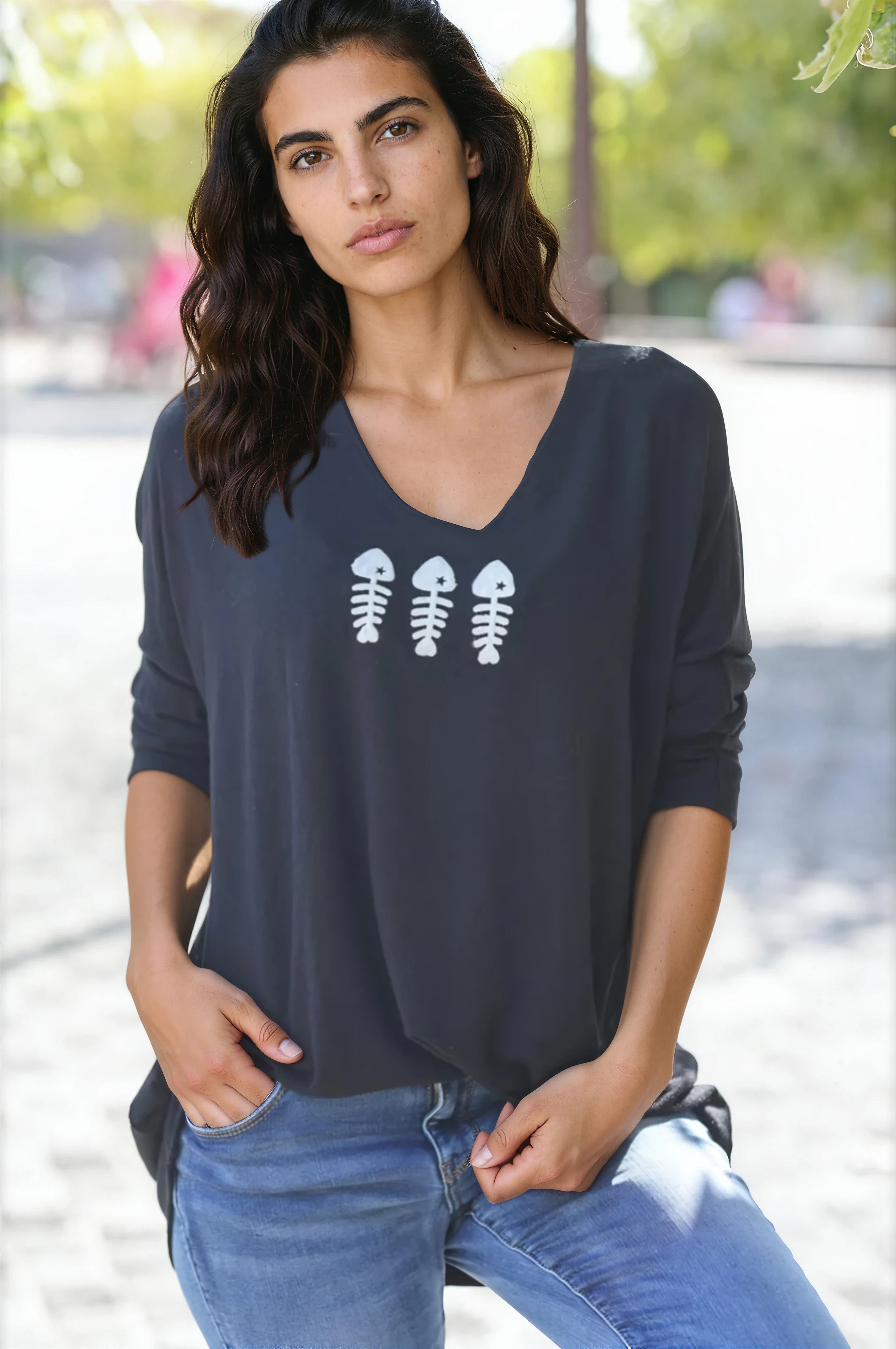 Jersey de punto suave negro trio fish
