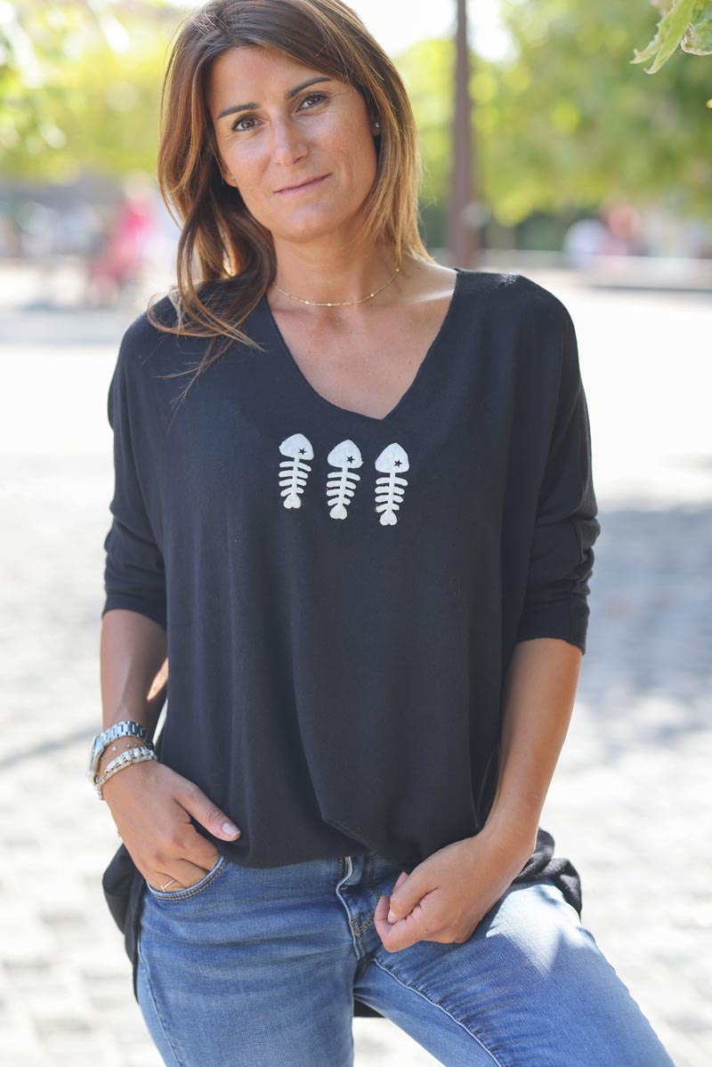 Pull jersey noir doux trio poissons G303 (1)