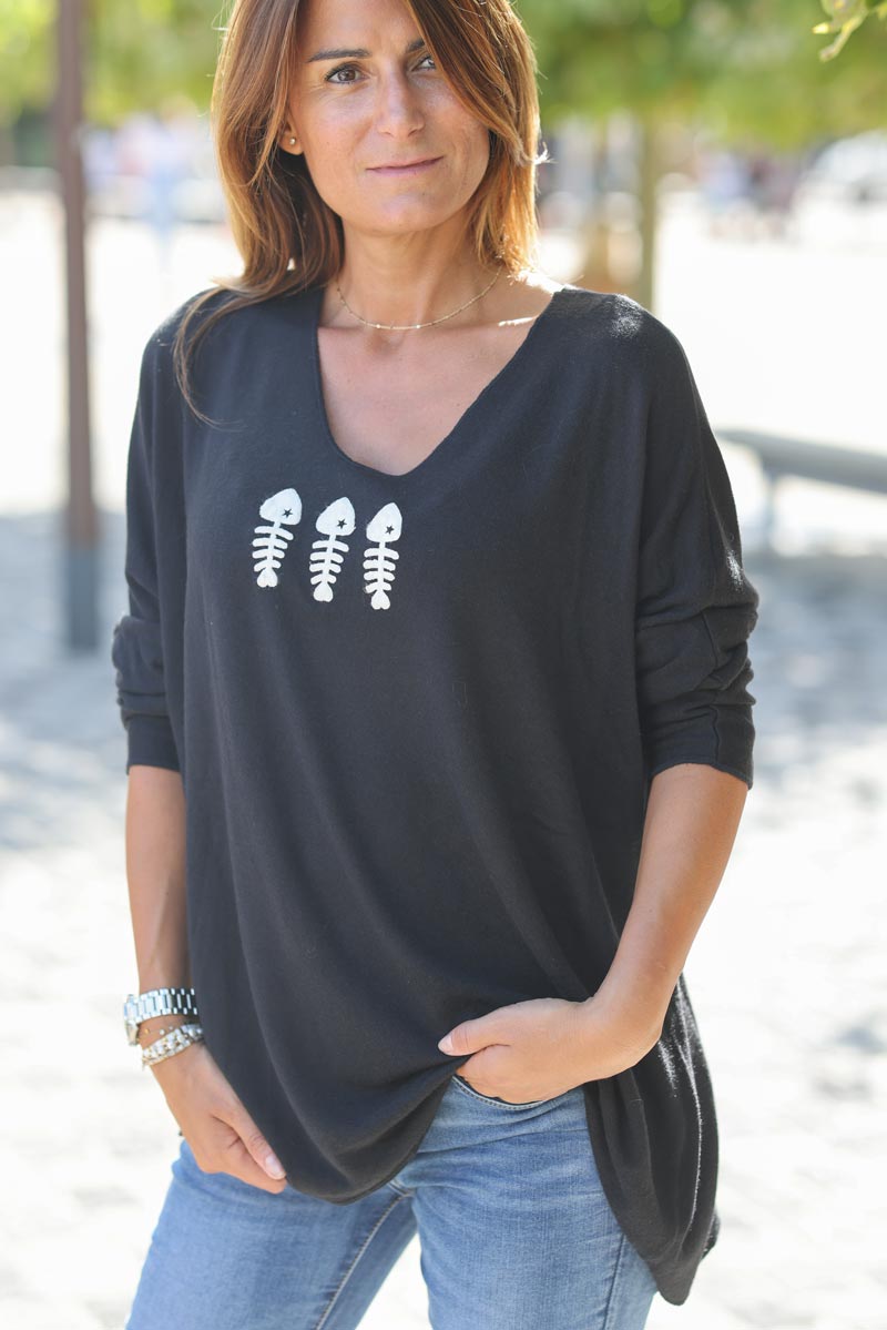 Pull jersey noir doux trio poissons G303 (1)