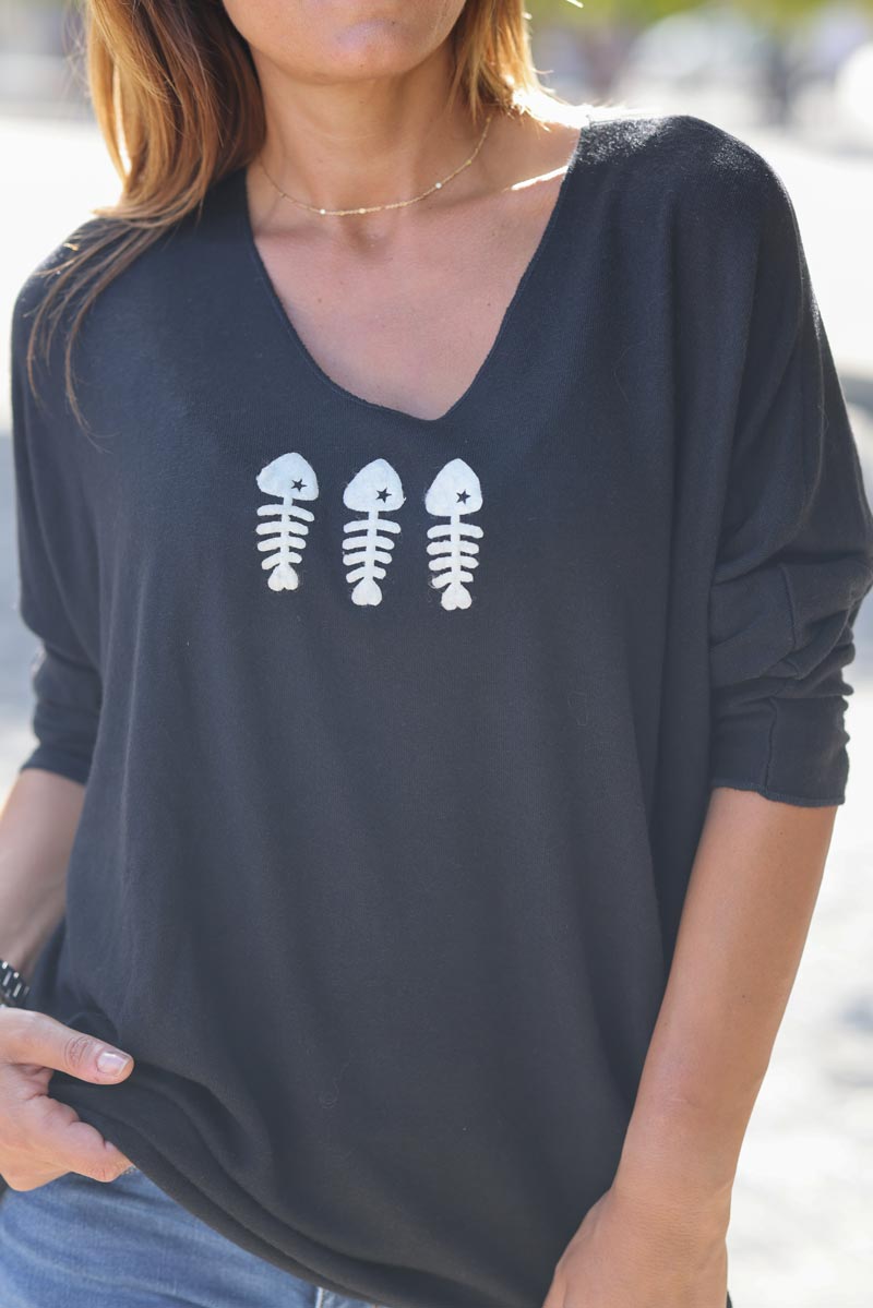 Pull jersey noir doux trio poissons G303 (1)