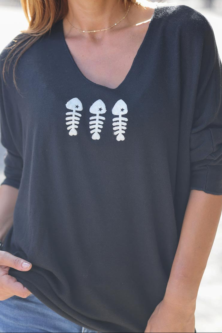Pull jersey noir doux trio poissons G303 (1)