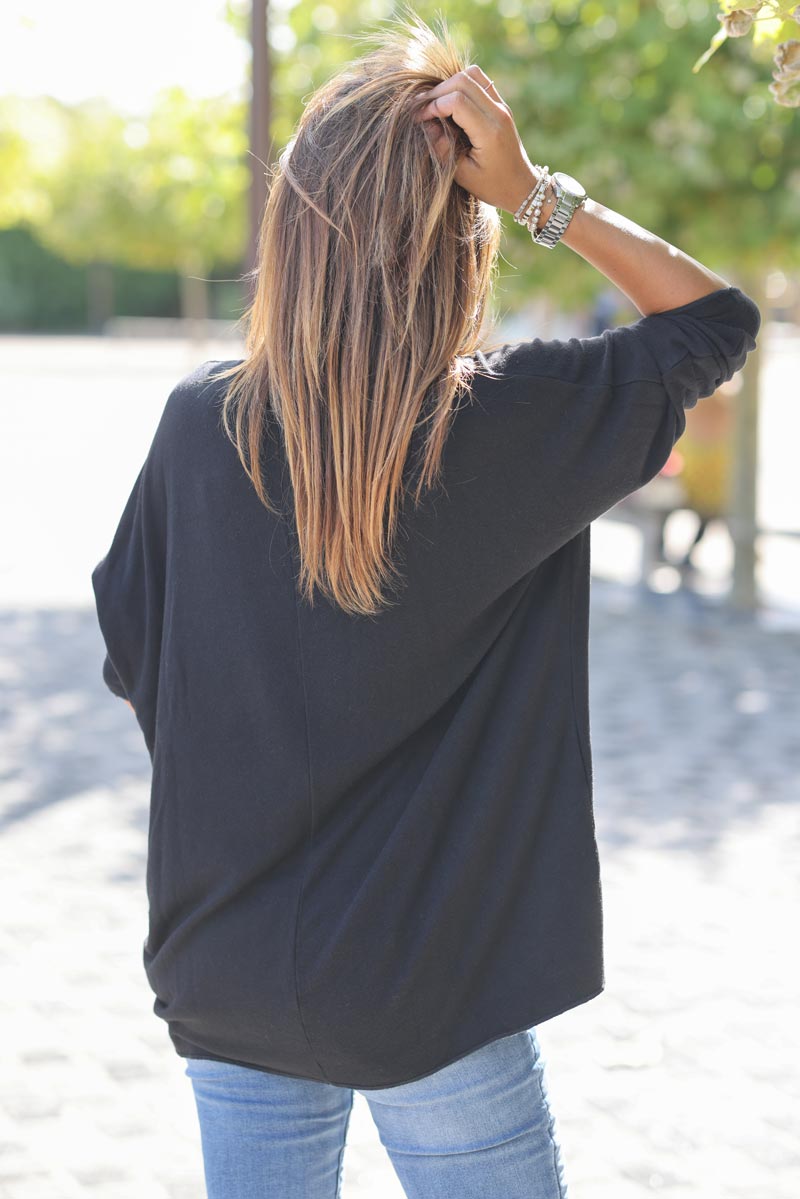 Pull jersey noir doux trio poissons G303 (1)