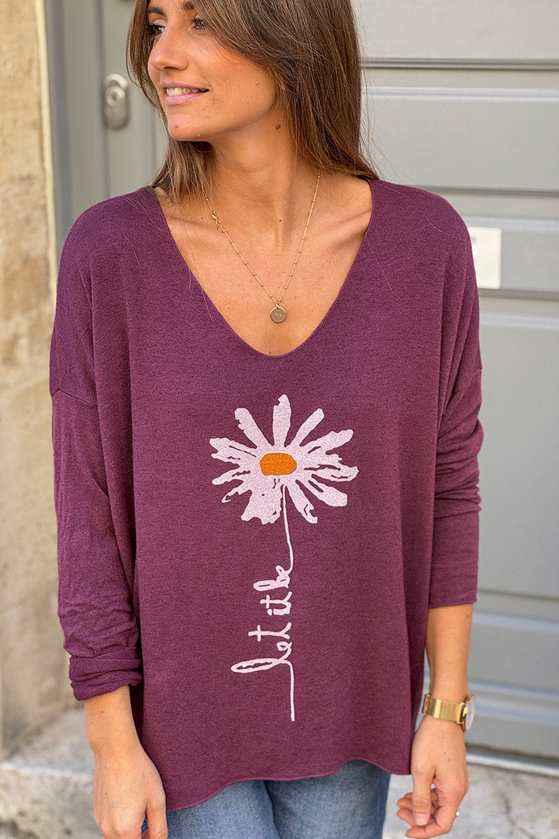 Burgundy “Let it Be” Daisy Long-Sleeve Knit Top