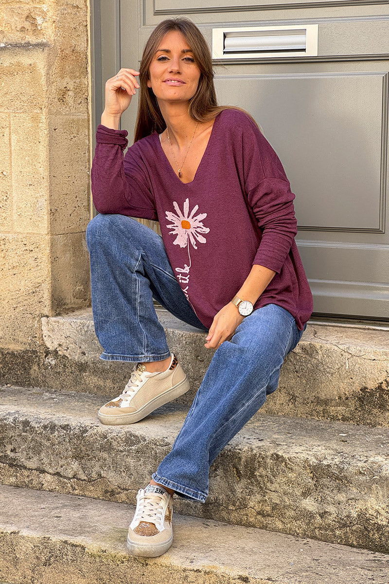 Burgundy “Let it Be” Daisy Long-Sleeve Knit Top
