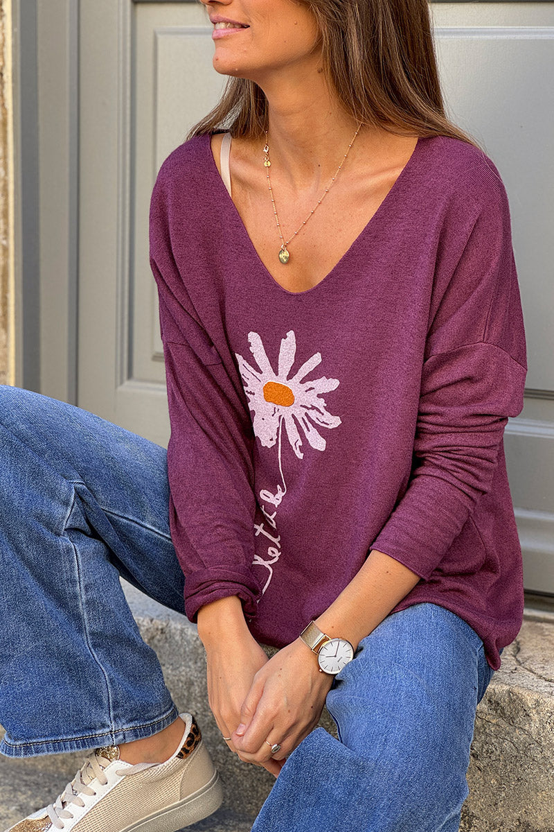 Burgundy “Let it Be” Daisy Long-Sleeve Knit Top