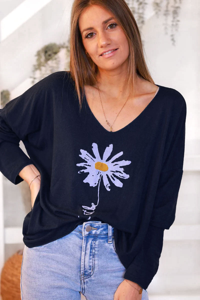 Pull jersey tout doux bleu marine motif marguerite Let it be