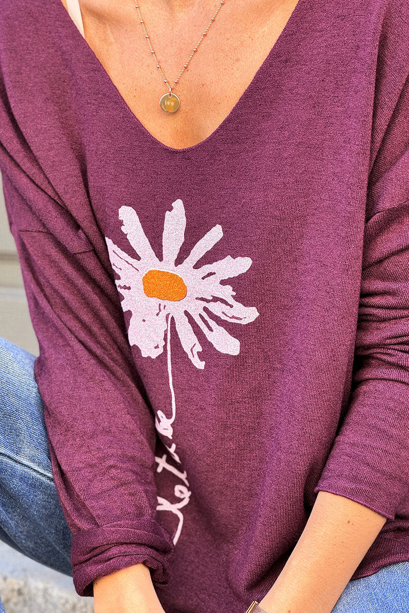 Burgundy “Let it Be” Daisy Long-Sleeve Knit Top