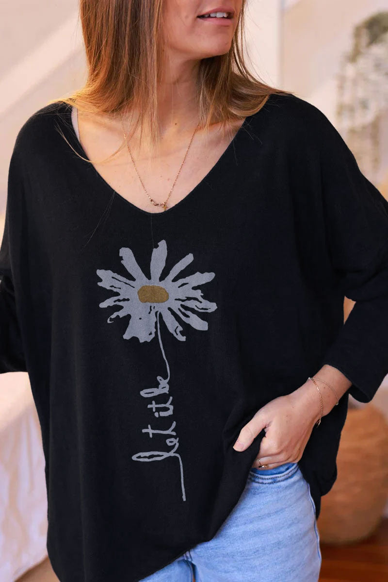 Pull jersey tout doux noir motif marguerite Let it be