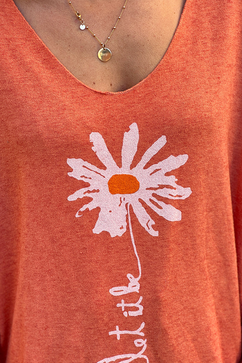 Pull jersey tout doux orange motif marguerite Let it be