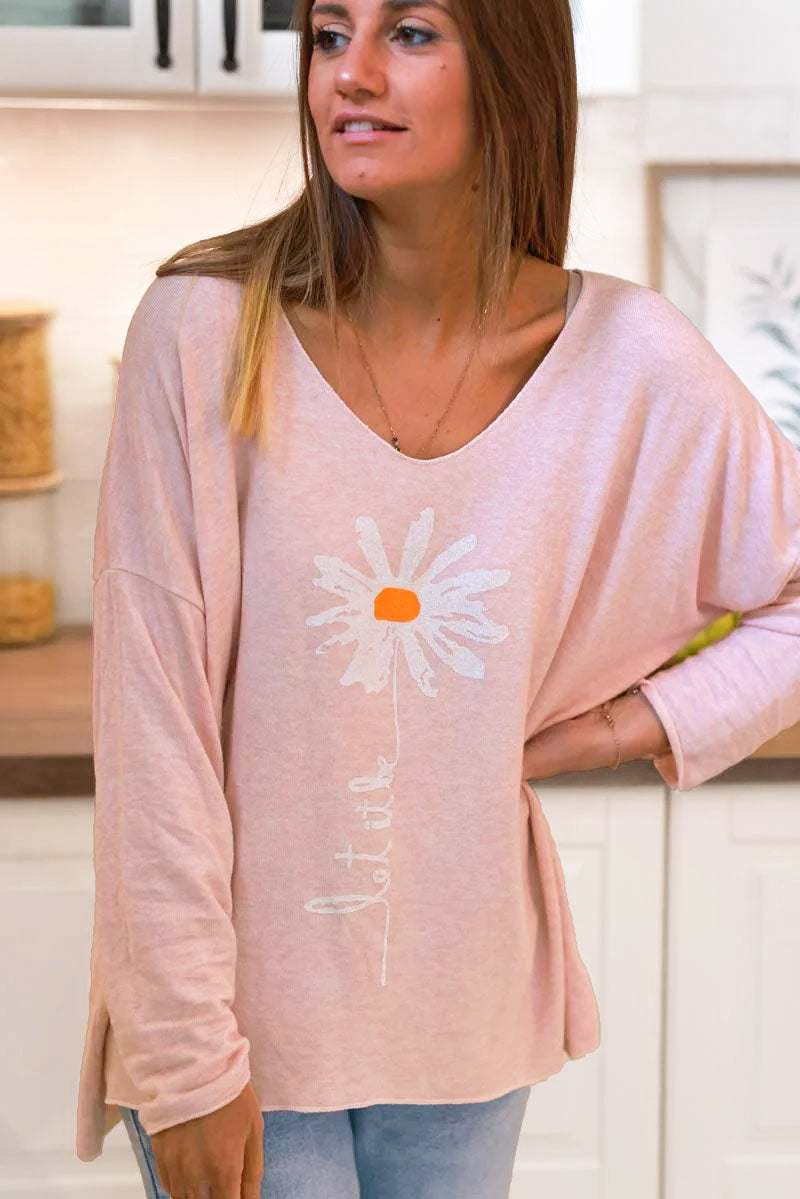 Baby Pink “Let it Be” Daisy Long-Sleeve Knit Top