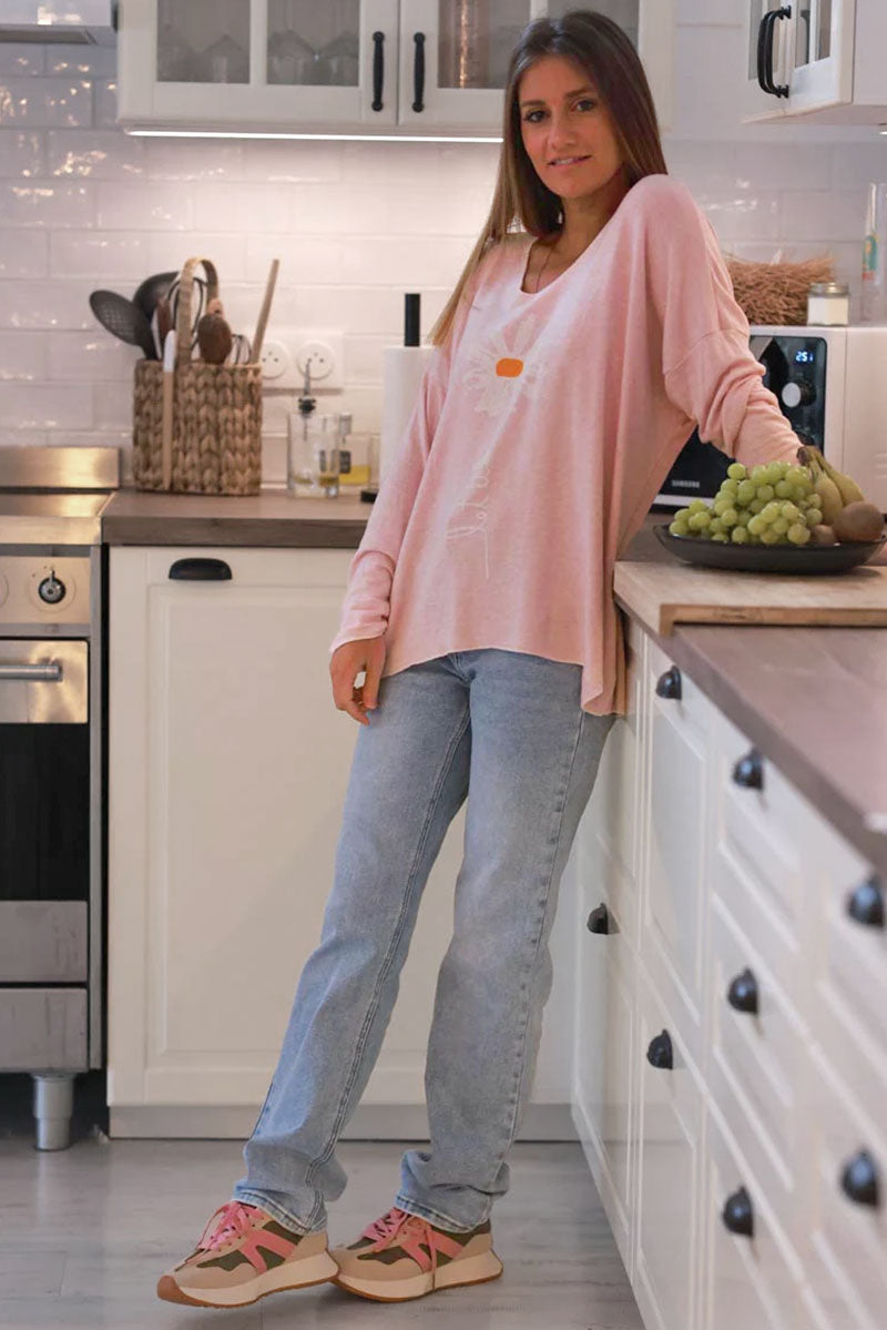 Baby Pink “Let it Be” Daisy Long-Sleeve Knit Top