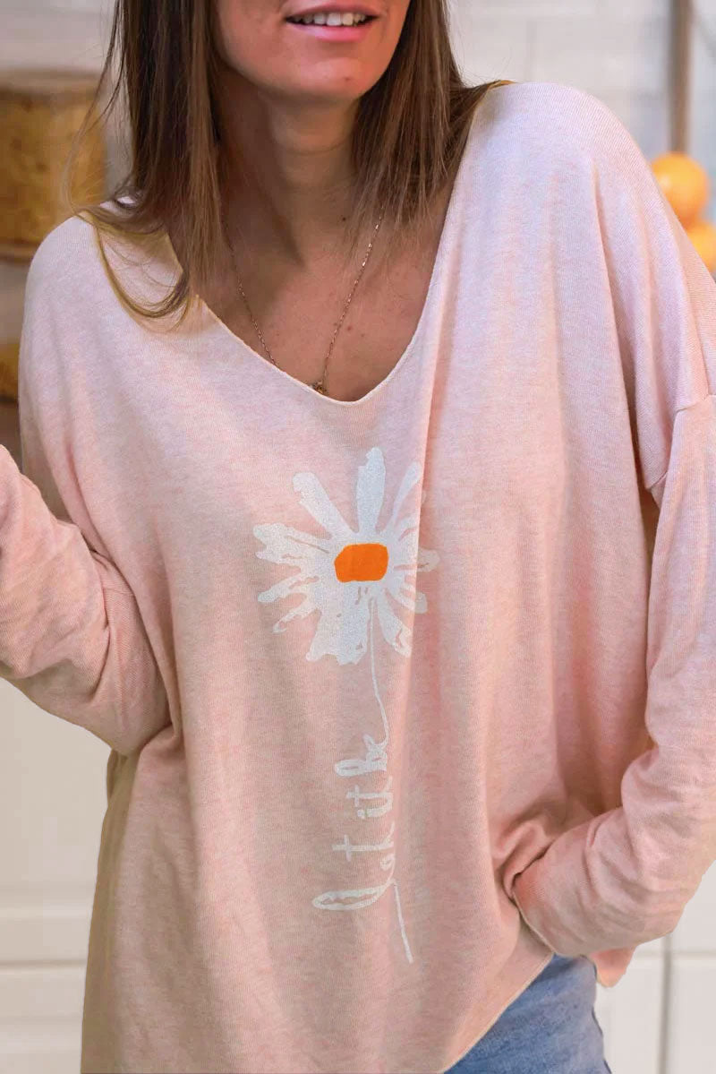 Baby Pink “Let it Be” Daisy Long-Sleeve Knit Top