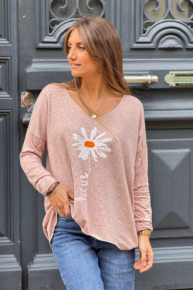 Dusty pink “Let it Be” Daisy Long-Sleeve Knit Top