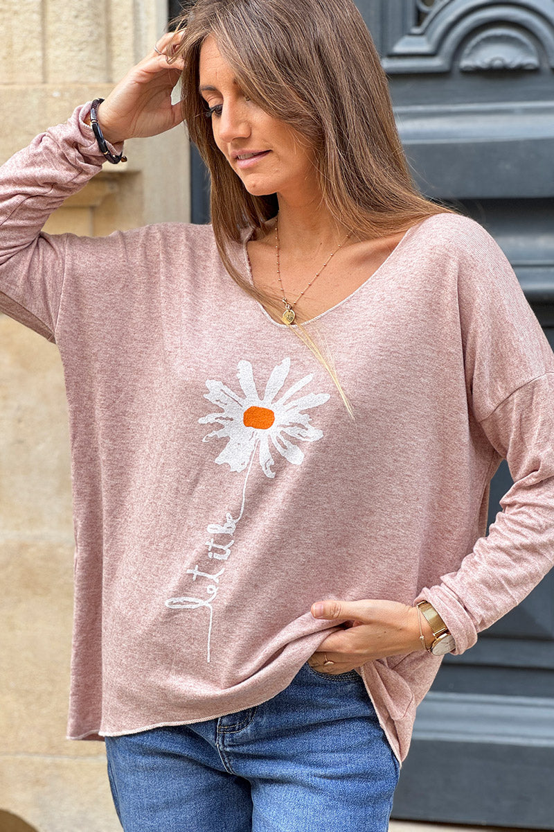Dusty pink “Let it Be” Daisy Long-Sleeve Knit Top