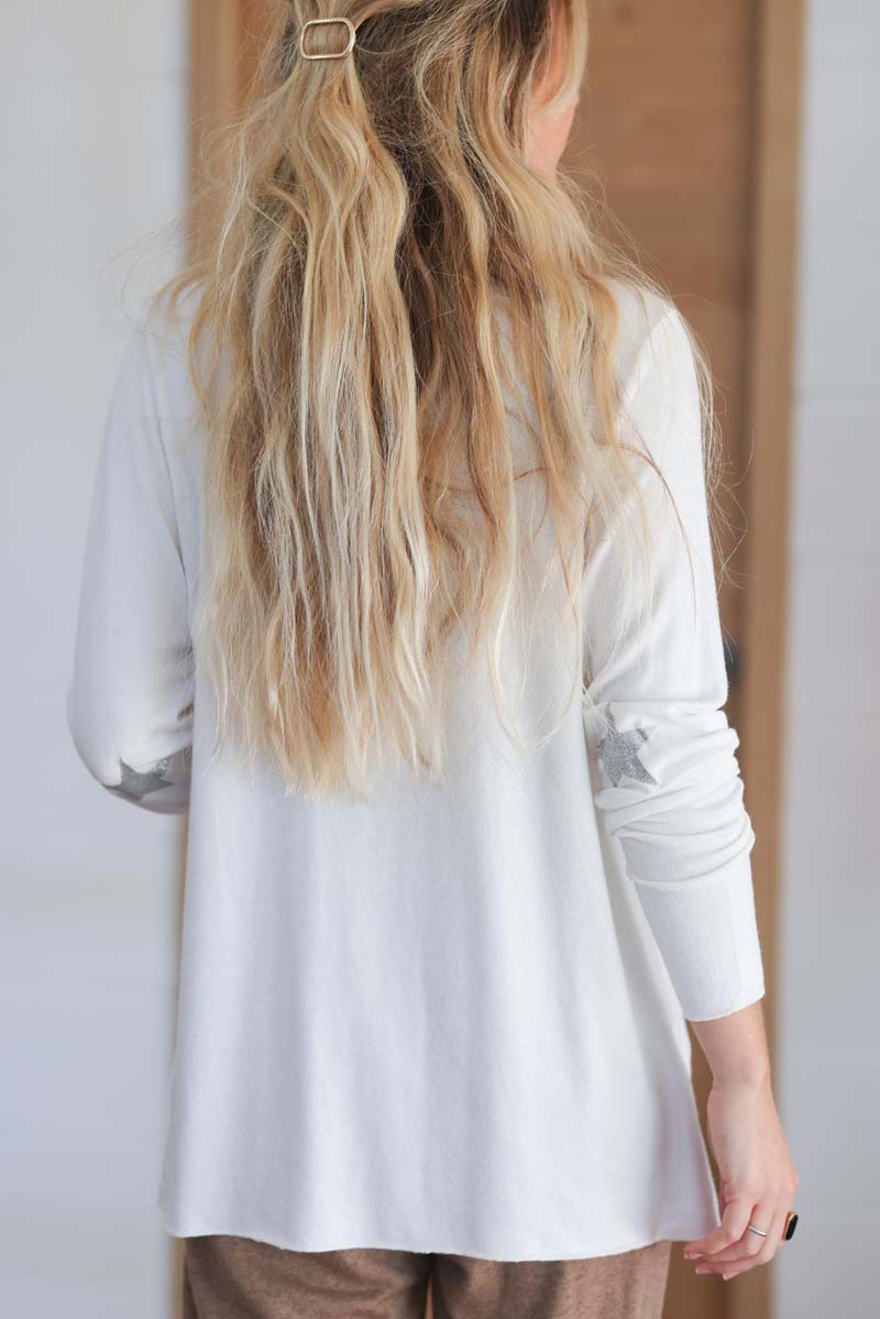 Pull jersey uni blanc casse tout doux etoile argent aux coudes E316 (1)