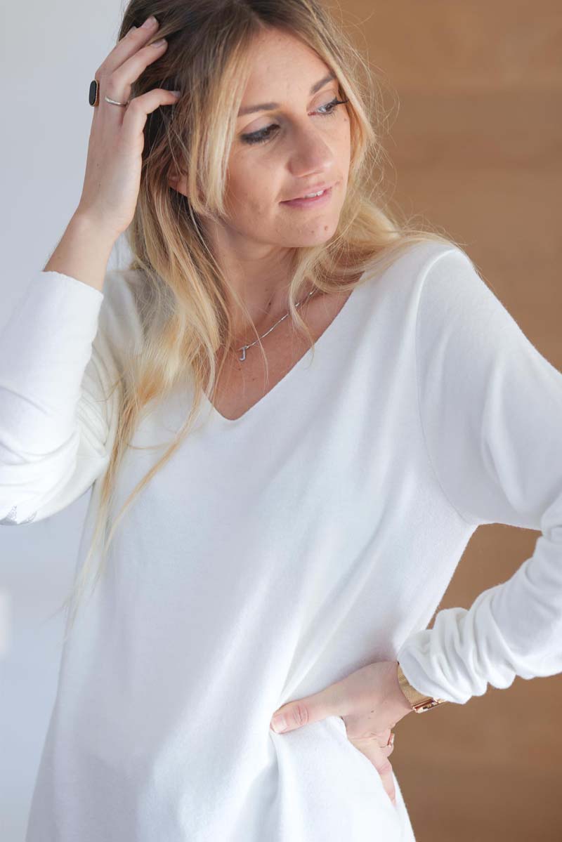 Pull jersey uni blanc casse tout doux etoile argent aux coudes E316 (1)