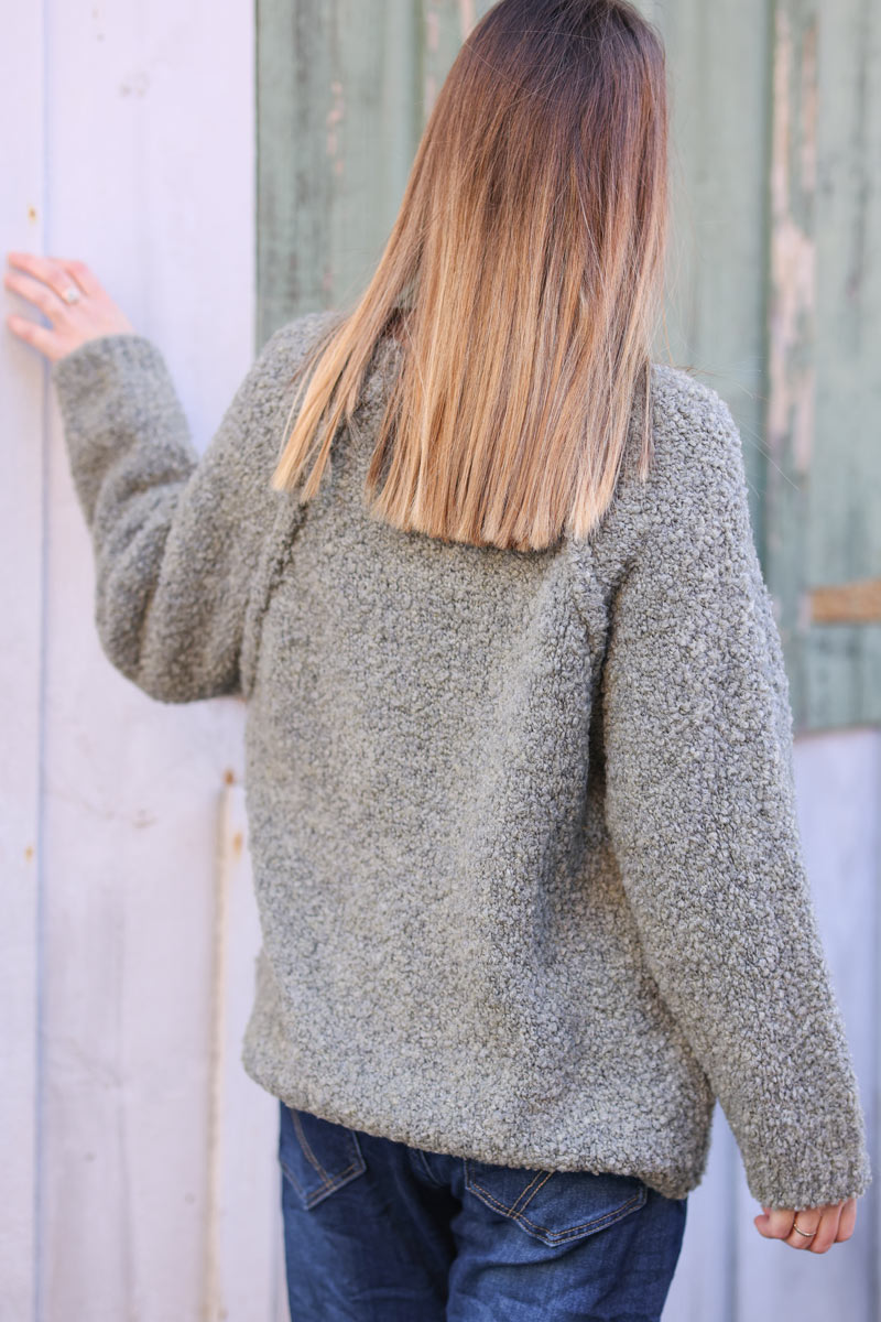 Khaki bouclette knit sweater with inside out seams