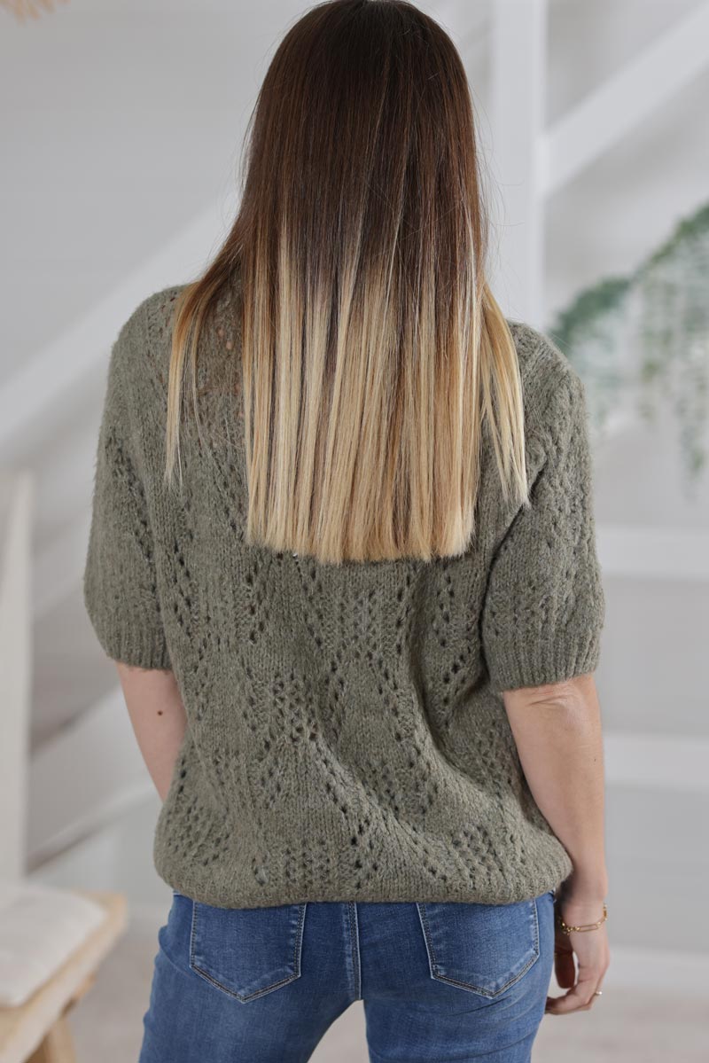 Pull kaki en maille ajouree manches courtes G462 (1)
