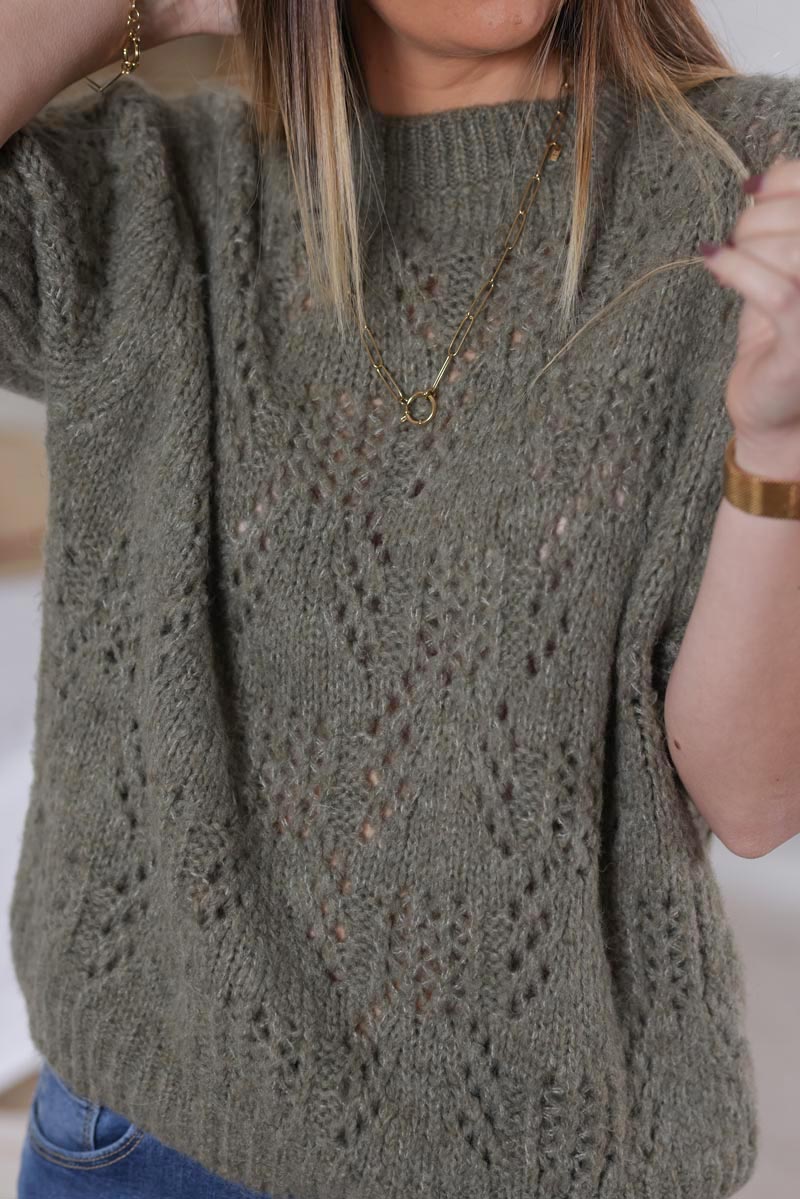 Pull kaki en maille ajouree manches courtes G462 (1)