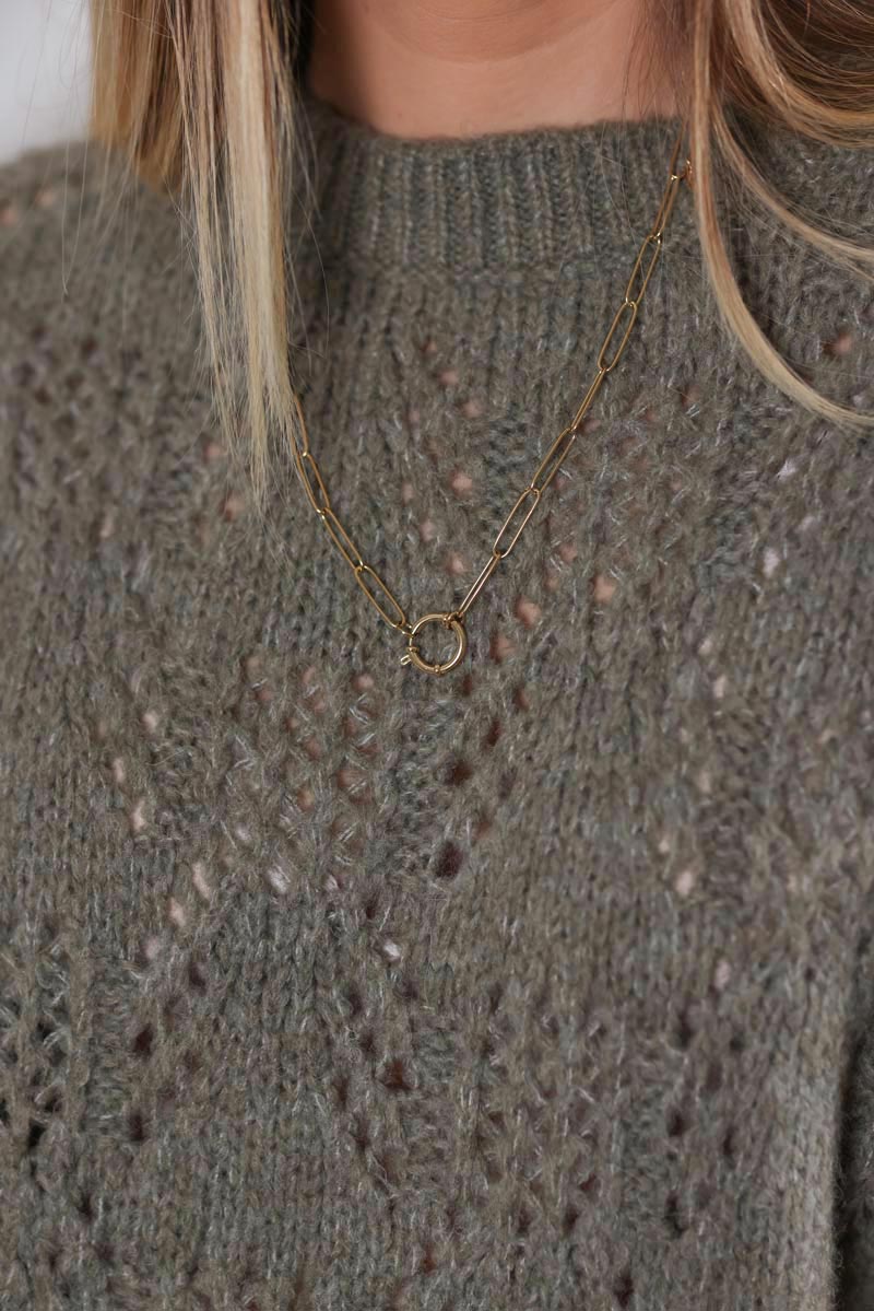 Pull kaki en maille ajouree manches courtes G462 (1)