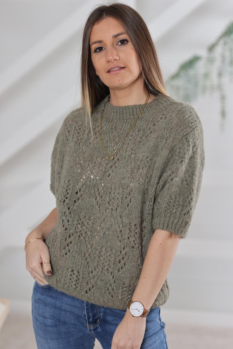 Pull kaki en maille ajouree manches courtes G462 (1)