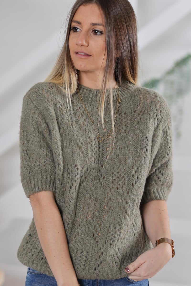 Pull kaki en maille ajouree manches courtes G462 (1)