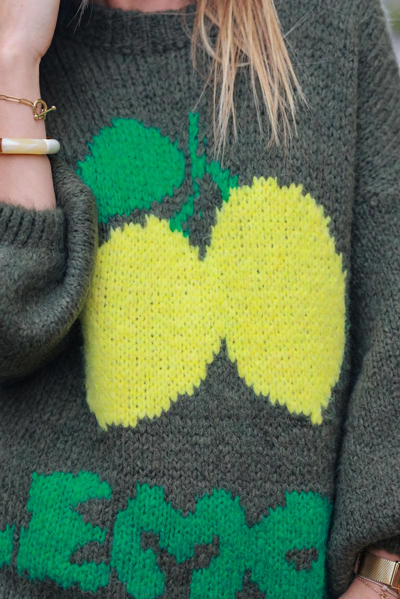 Olive chunky knit sweater with lemon pattern