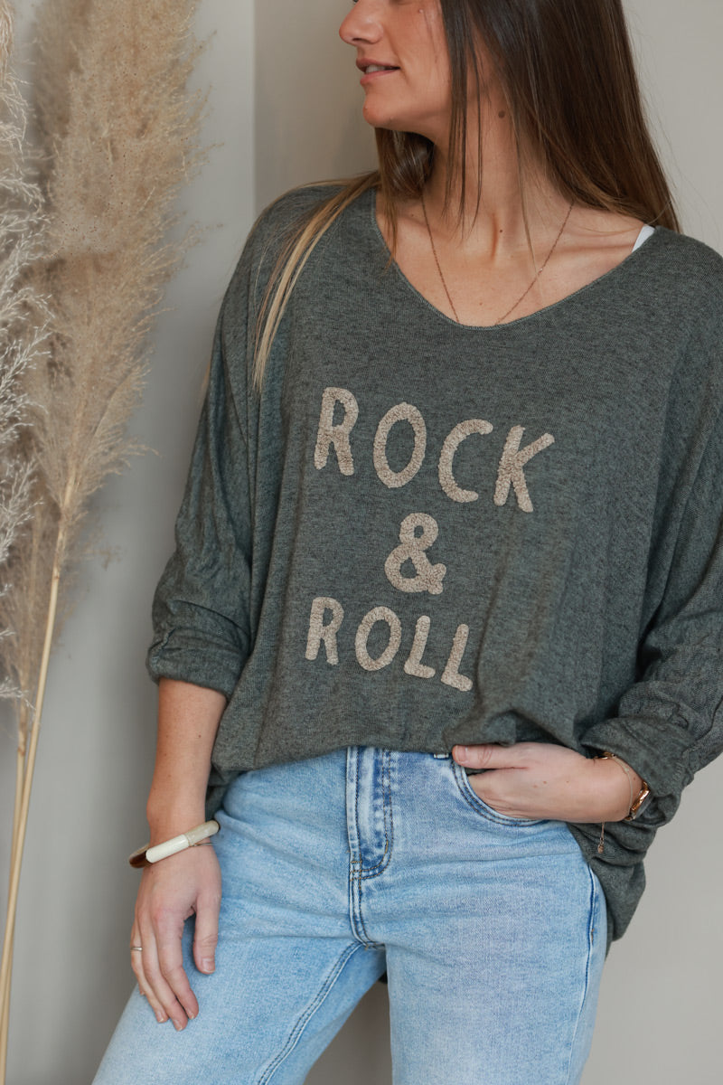 Pull kaki jersey doux rock and roll relief éponge