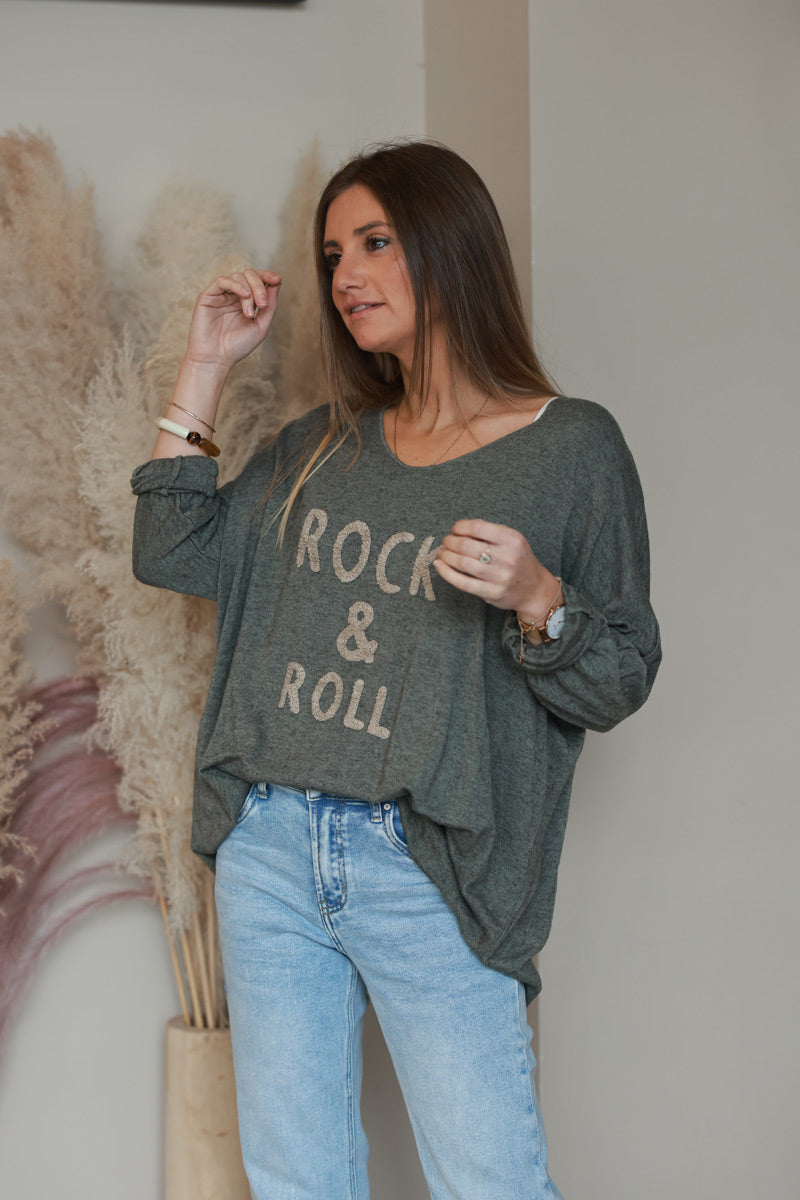 Pull kaki jersey doux rock and roll relief éponge