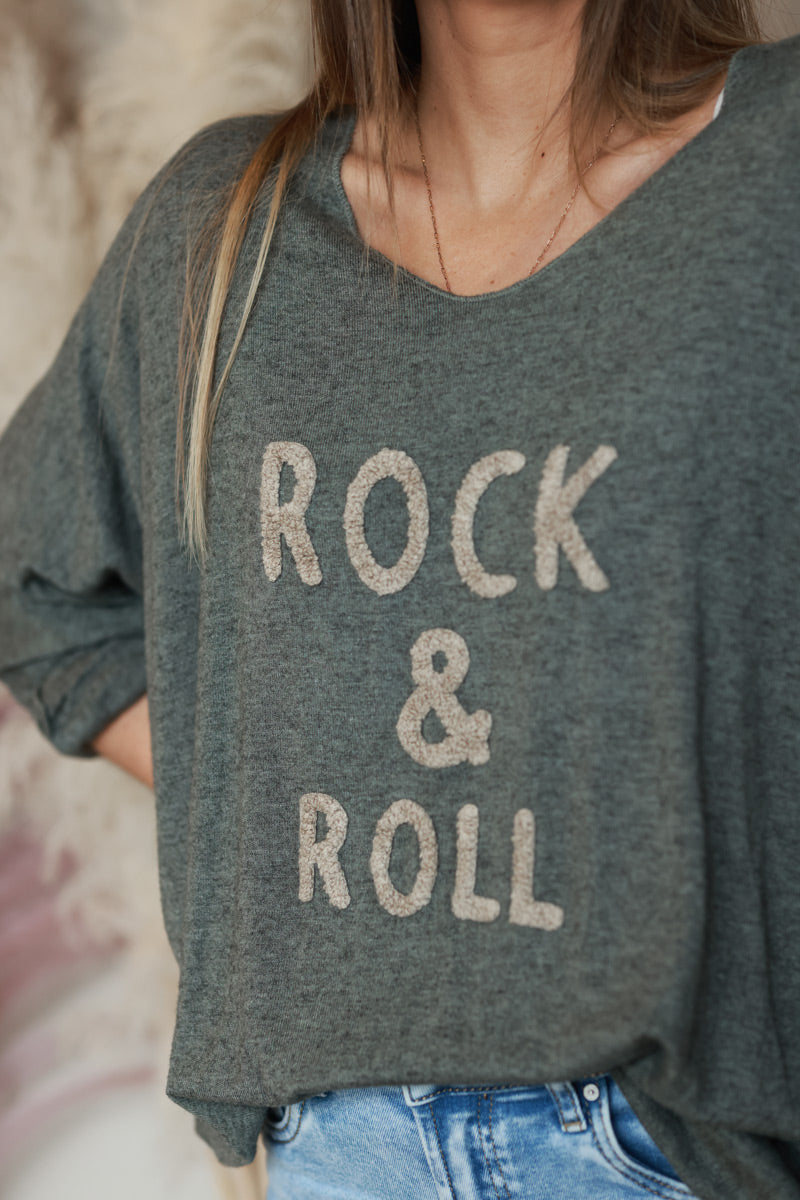 Pull kaki jersey doux rock and roll relief éponge