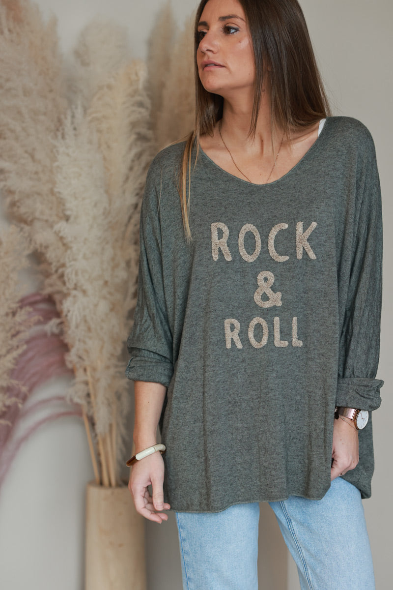 Pull kaki jersey doux rock and roll relief éponge