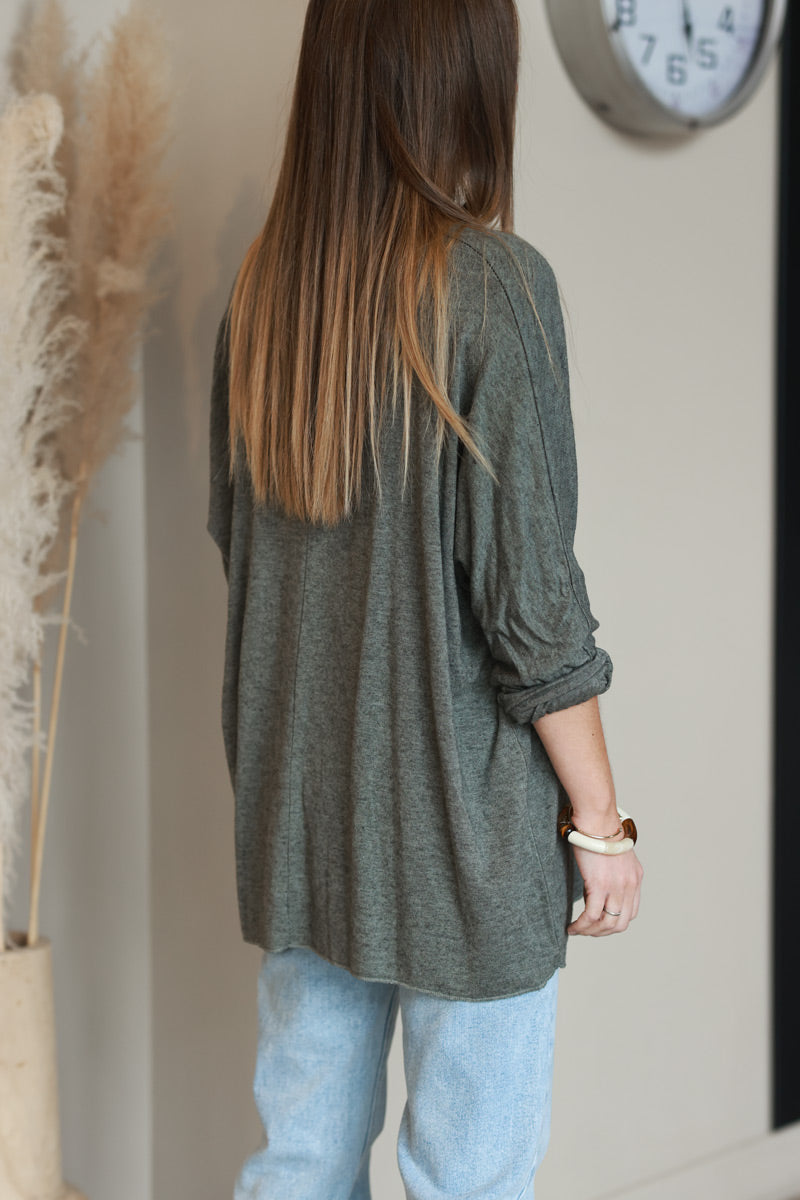 Pull kaki jersey doux rock and roll relief éponge