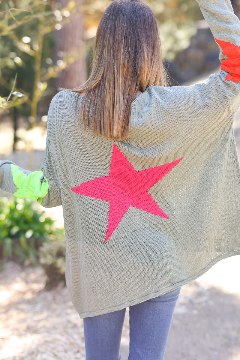 Khaki knit sweater with colourful stars
