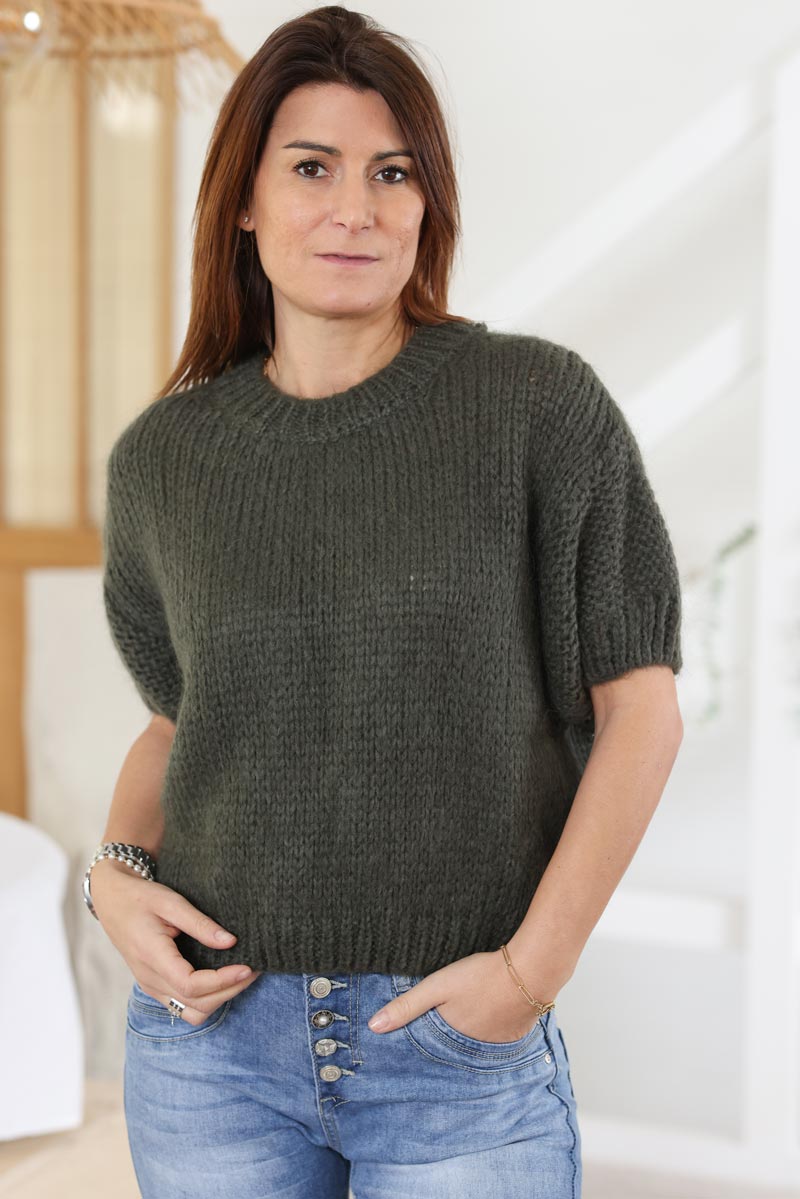 Pull kaki manches courtes a grosse maille col rond H006 (1)