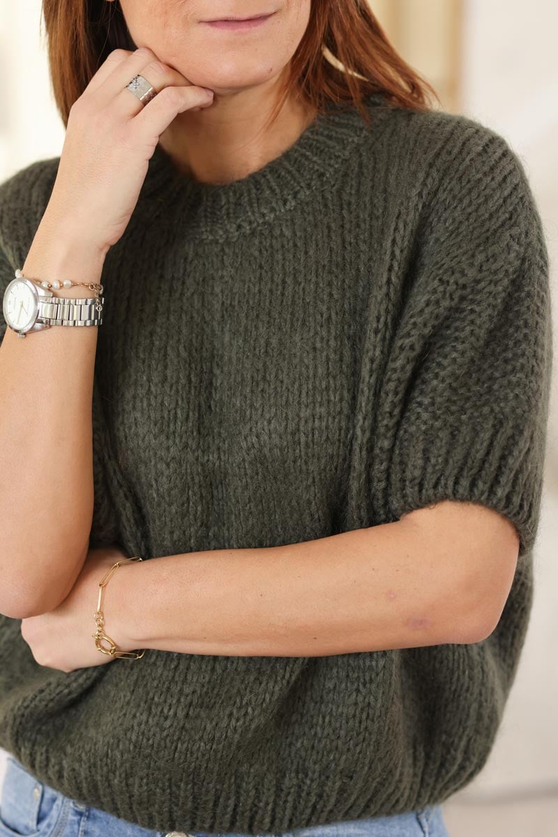 Pull kaki manches courtes a grosse maille col rond H006 (1)