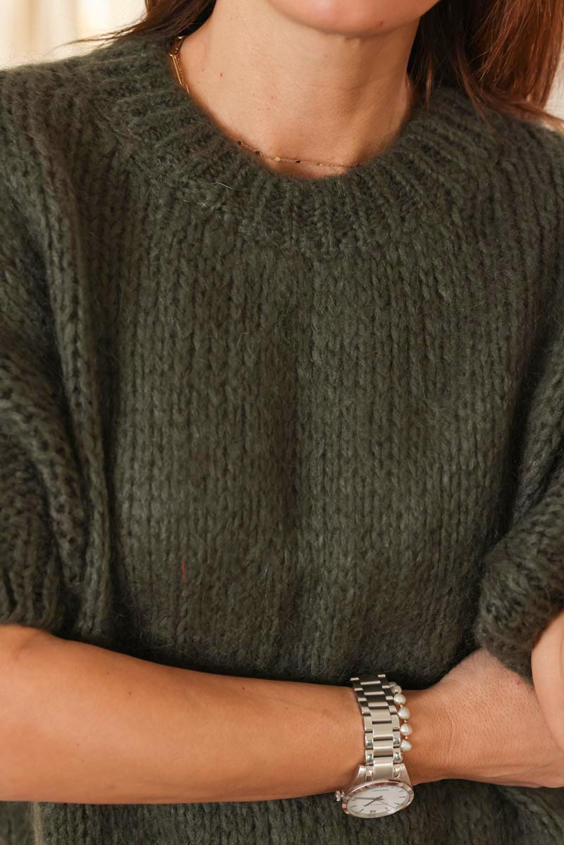 Pull kaki manches courtes a grosse maille col rond H006 (1)