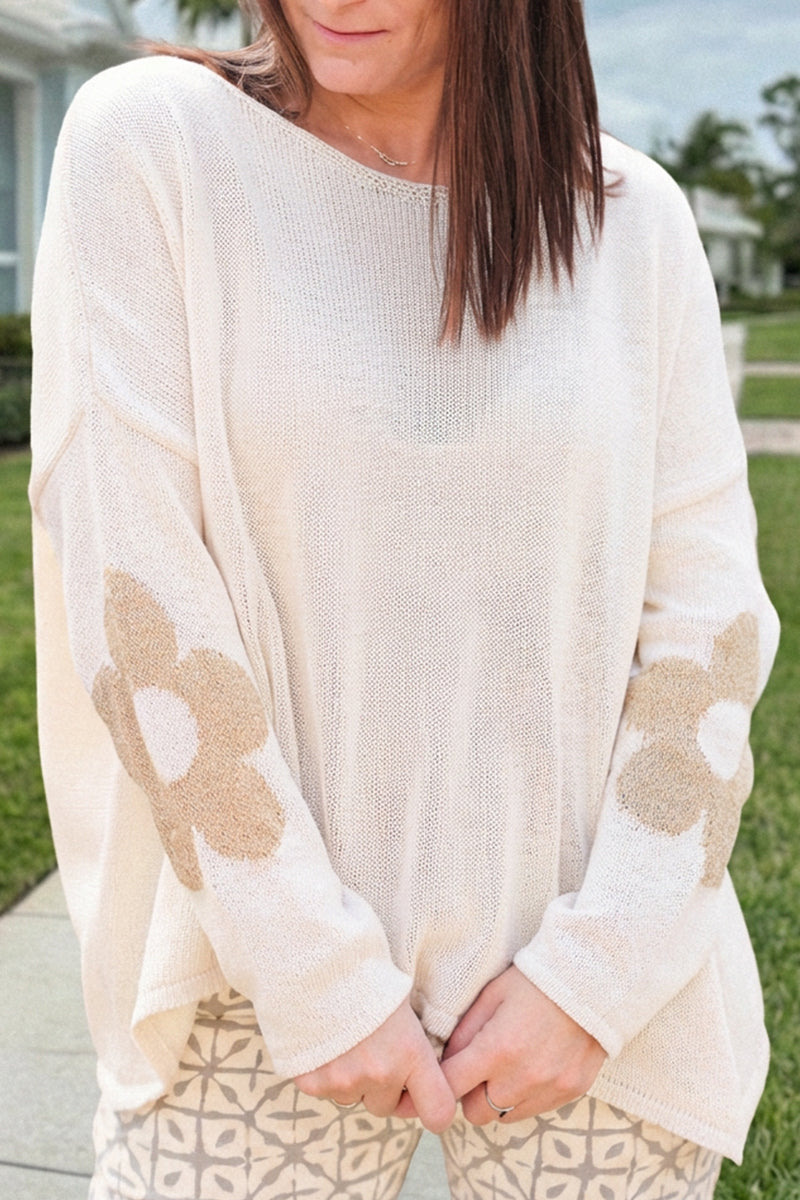 Beige cotton knit jumper with gold flowers on sleeves and back