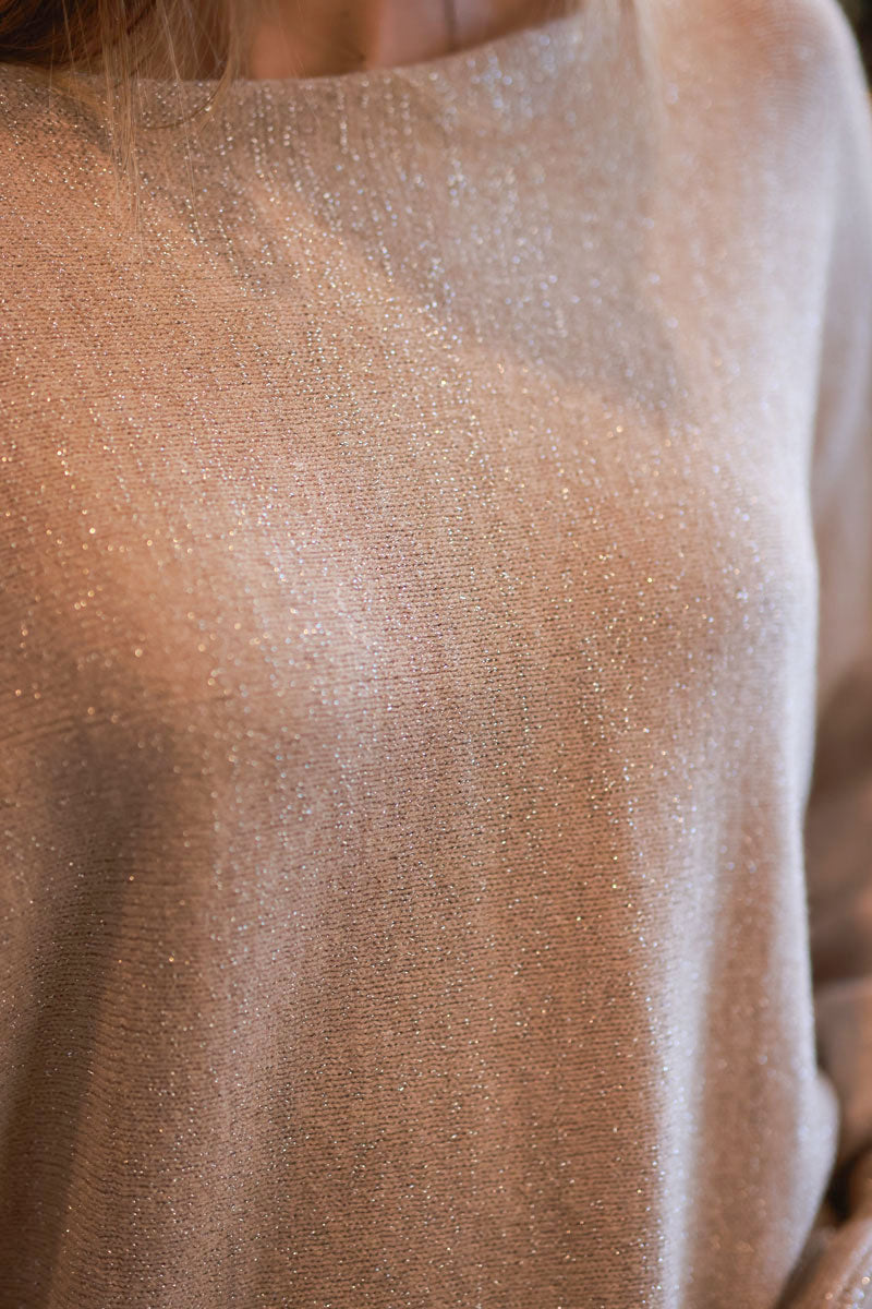 Beige Glitter Batwing Sweater with Ruffled Cuffs