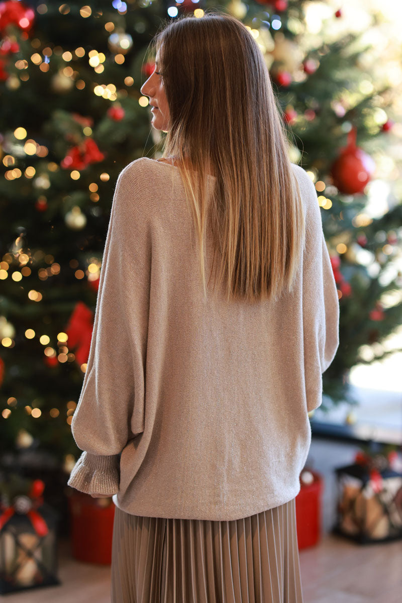 Beige Glitter Batwing Sweater with Ruffled Cuffs
